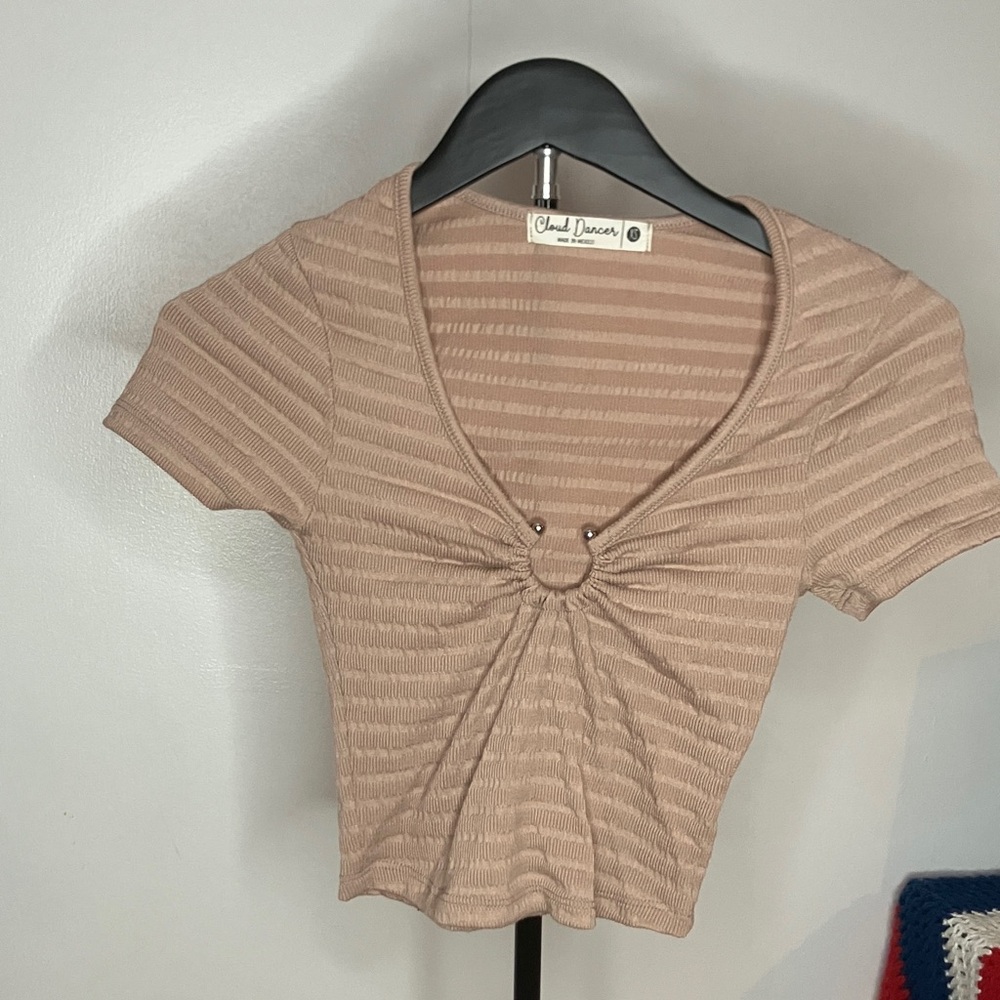 Tan Ribbed V-Neck Top